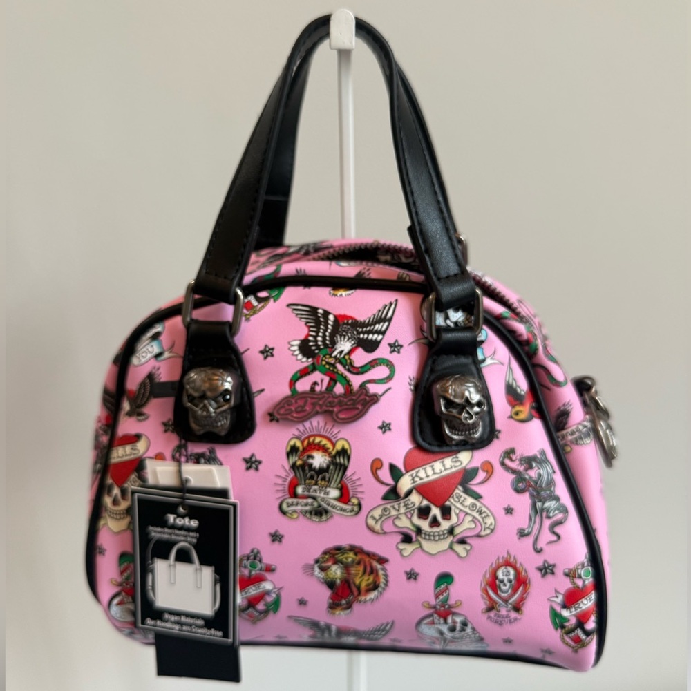 Ed Hardy Pink Tattoo-Print Dome Tote with Black Handles